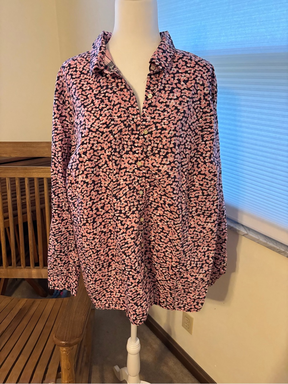Talbots Pink and Navy Floral Button-Front Blouse